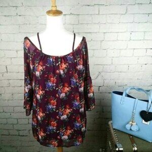 Tobi Off The Shoulder Floral Strappy Top Burgundy Large